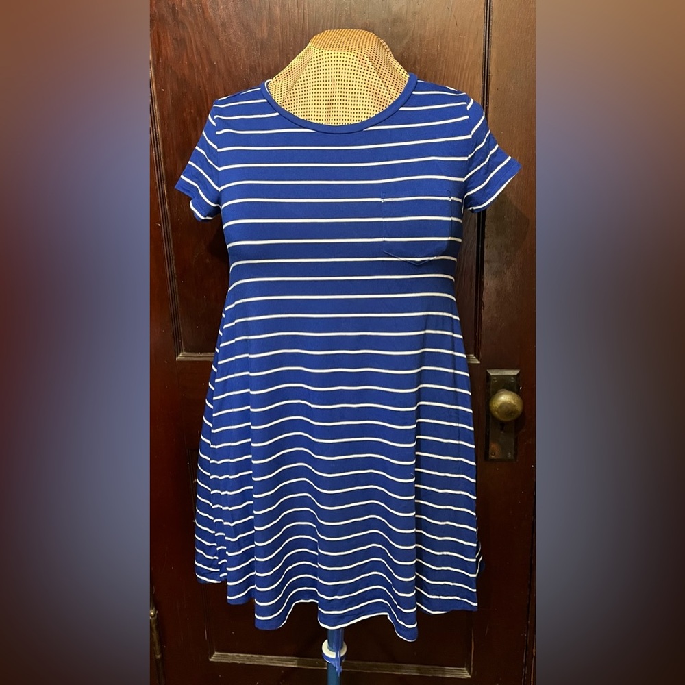 Blue and White Stripe T Shirt A-Line Dress with Crew Neck and front pocket